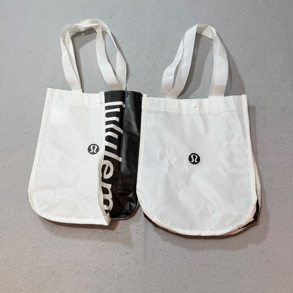 Lululemon White‎ Black Logo Tote Bag Reusable Shopping Bag Set of 2